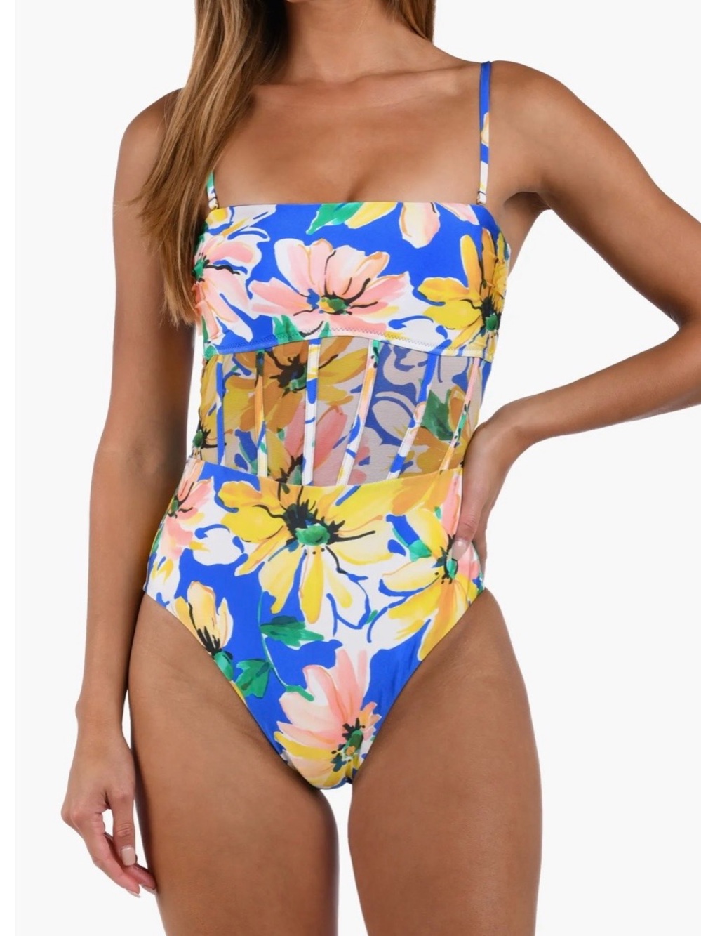 NWT! Sunshine 79 Bright Blue Floral One-Piece Swimsuit with Mesh Waist